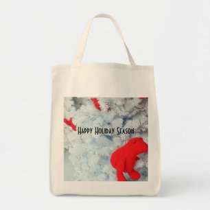 Red Teddy bear in Christmas Tree Tote Bag