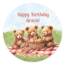 Red Teddy Bear Picnic Birthday Sticker