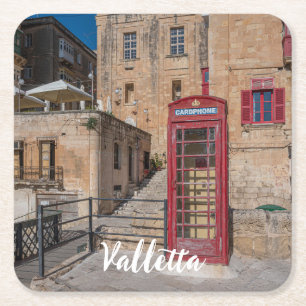 Red telephone booth in Valletta Malta Square Paper Coaster