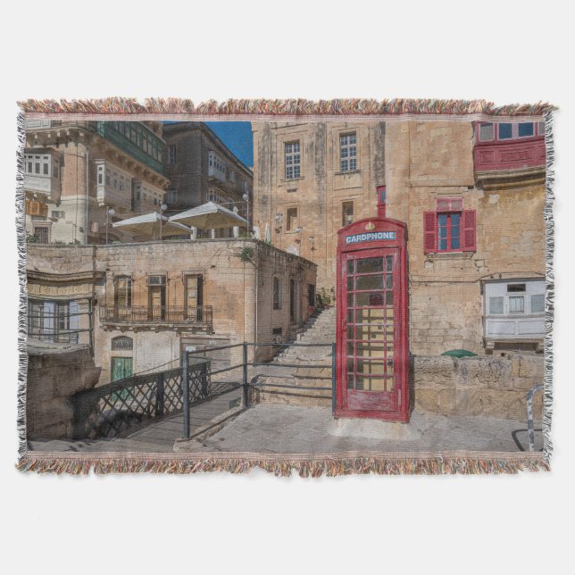 Red telephone booth in Valletta Malta Throw Blanket (Front)