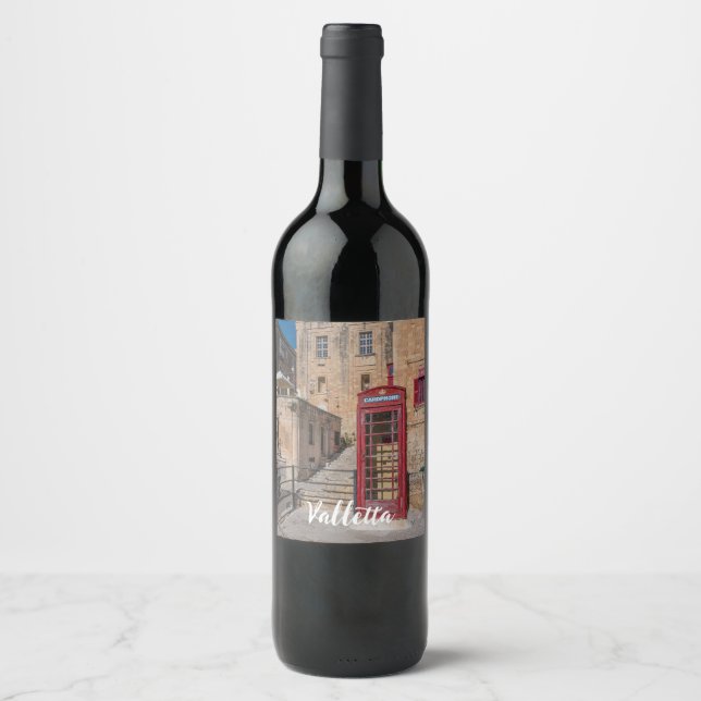 Red telephone booth in Valletta Malta Wine Label (Front)