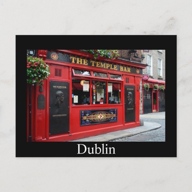 Red Temple Bar pub in Dublin card with text (Front)