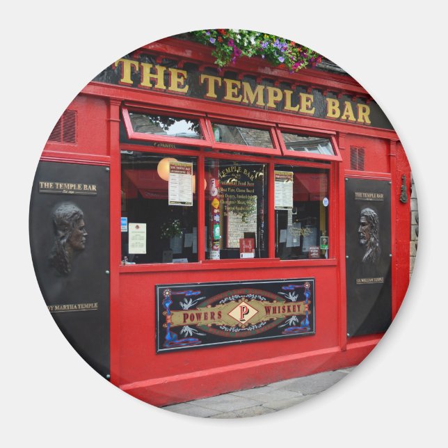Red Temple Bar pub in Dublin round magnet (Front)