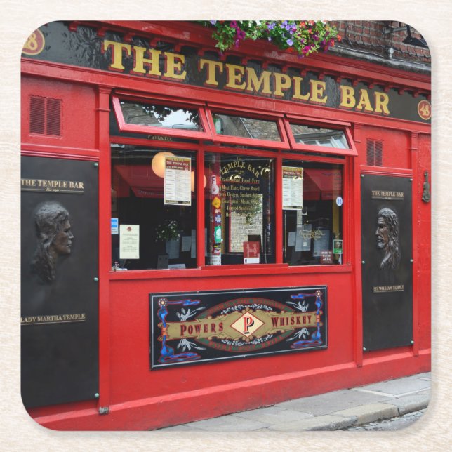 Red Temple Bar pub in Dublin Square Paper Coaster (Front)