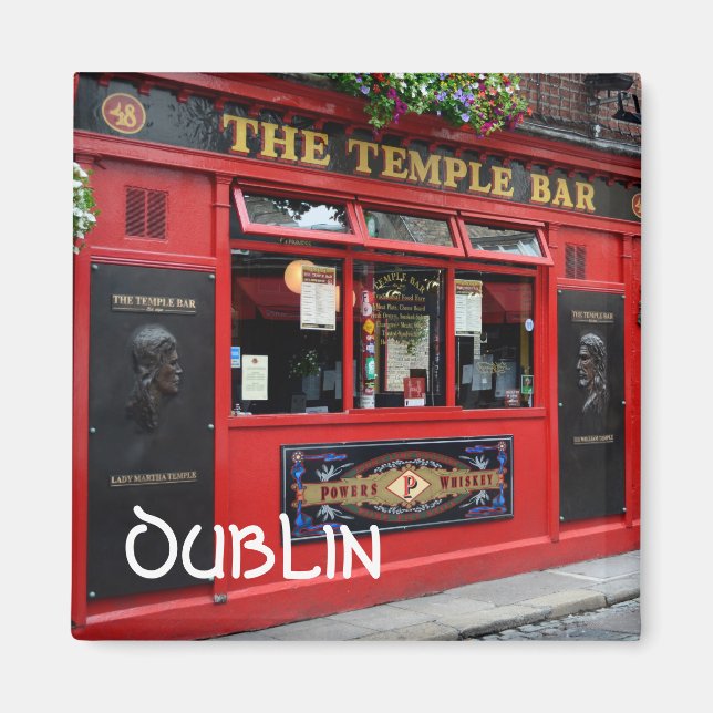 Red Temple Bar pub square magnet with text: Dublin (Front)