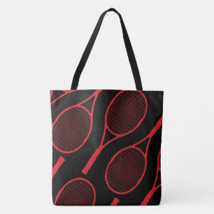 red tennis racquets on black tote bag