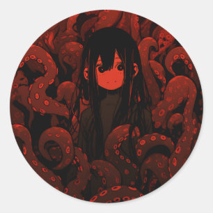 Red Tentacle Horror Anime Girl Classic Round Sticker