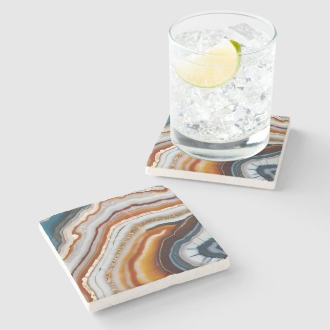 Red Terracotta White Black Blue Gold Agate Geode Stone Coaster (Side)