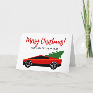 Red Tesla truck with Christmas tree in the back Holiday Card