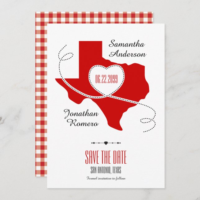 Red Texas Curling Ribbon Save the Date Invitation (Front/Back)