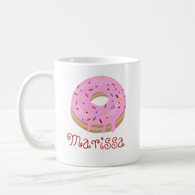 Red Text Pink Sprinkled Doughnut and Name Coffee Mug (Left)