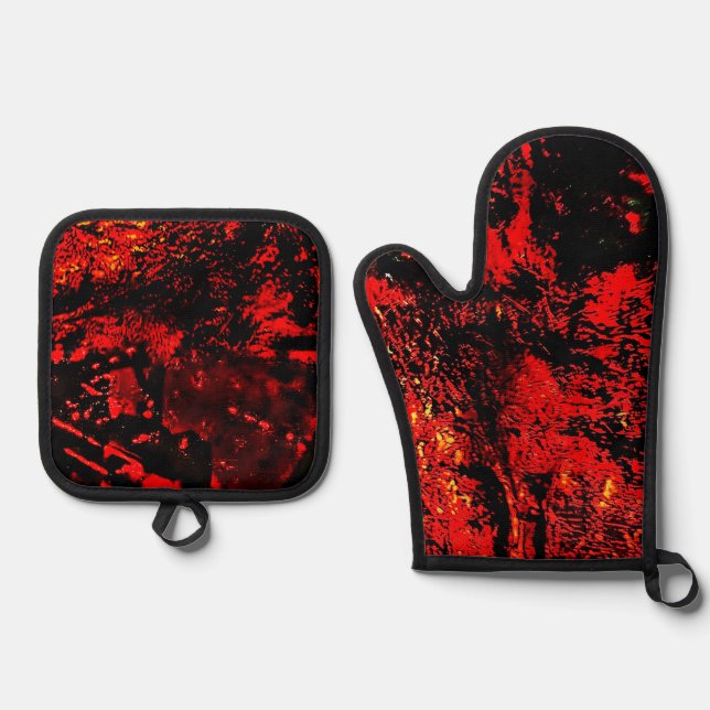 Red texture pot holder and oven mitt,Dark abstract Oven Mitt & Pot Holder Set (Front)