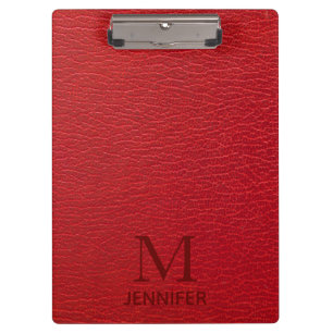 Red Textured Leather Monogram Personalised Name Clipboard