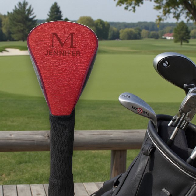 Red Textured Leather Monogram Personalised Name Golf Head Cover (Creator Uploaded)