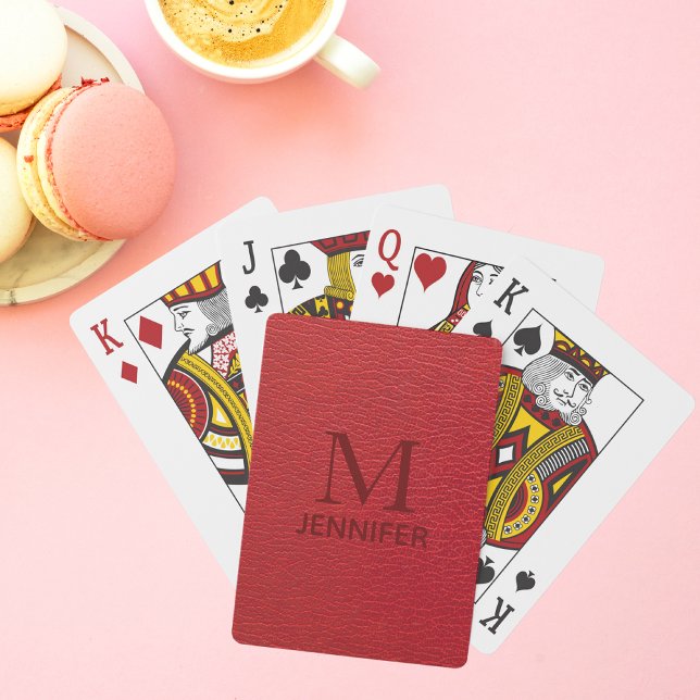 Red Textured Leather Monogram Personalised Name Playing Cards (Creator Uploaded)