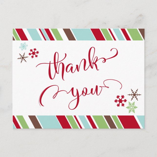 Red Thank You, Snowflakes & Diagonal Stripes Postcard (Front)