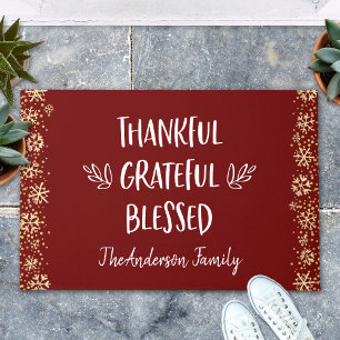 Red Thankful Grateful Blessed Snowflakes Holiday Doormat