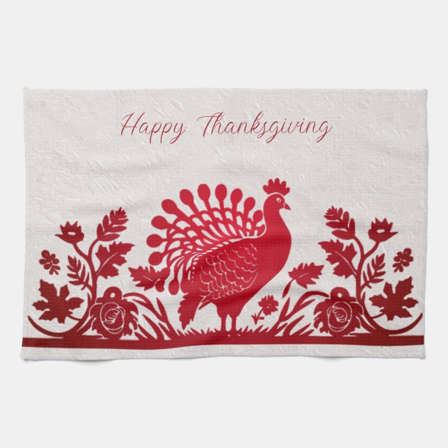Red Thanksgiving Turkey Floral Kitchen Towel (Horizontal)
