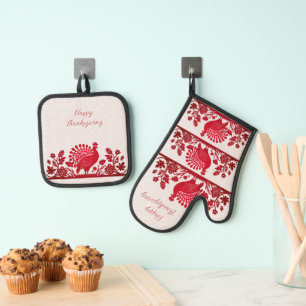 Red Thanksgiving Turkey Floral Oven Mitt & Pot Holder Set