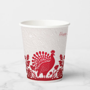 Red Thanksgiving Turkey Floral Paper Cups