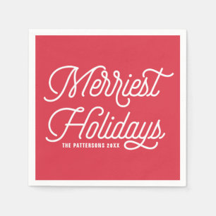 Red The Merriest Holidays Modern Christmas Napkin