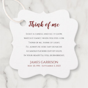 Red Think Of Me Celebration of Life Candle Favour Tags