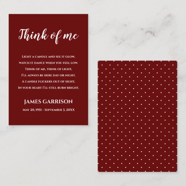 Red Think Of Me Celebration of Life Candle Place Card (Front/Back)