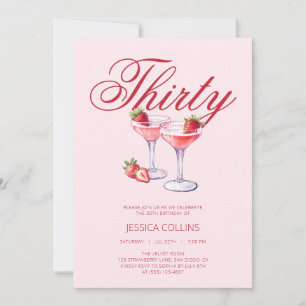 Red Thirty Strawberry Cocktail 30th Birthday Party Invitation