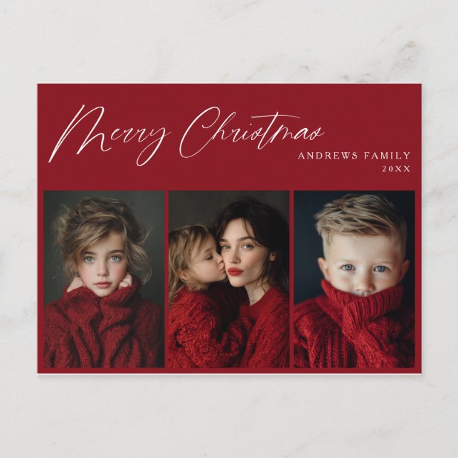 Red Three photo Christmas Holiday Design Postcard (Front)