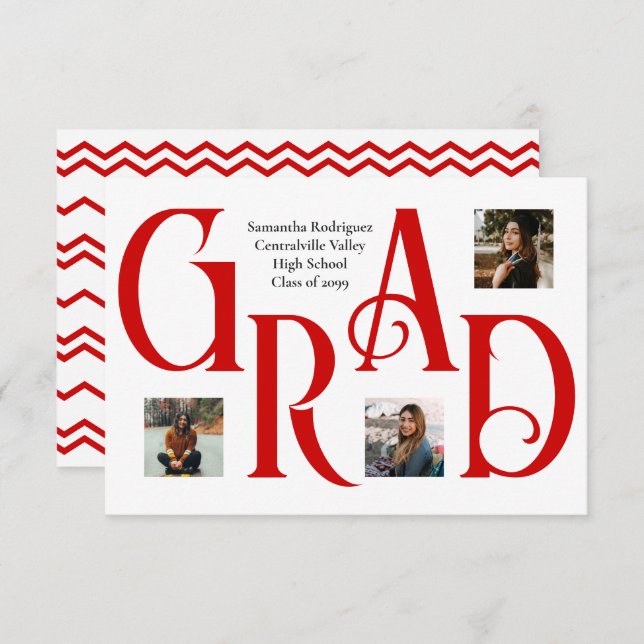 Red Three-Photo Classic & Bold GRAD Letter Announcement (Front/Back)