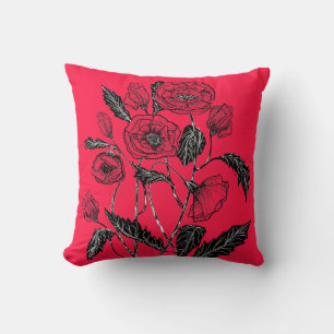 Red Throw Pillow with Poppies - Choose Colour