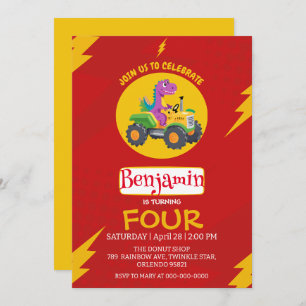 RED thunder Cute dinosaur truck School Birthday  Invitation