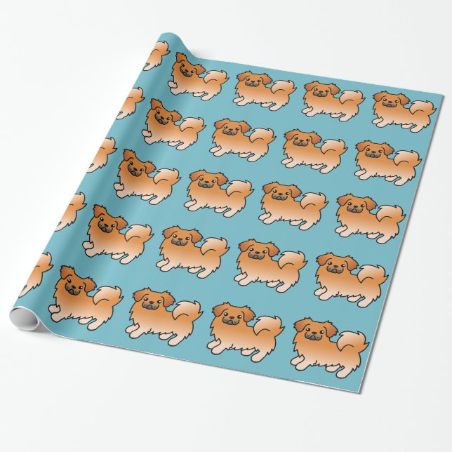 Red Tibetan Spaniel Cartoon Dog Wrapping Paper (Unrolled)