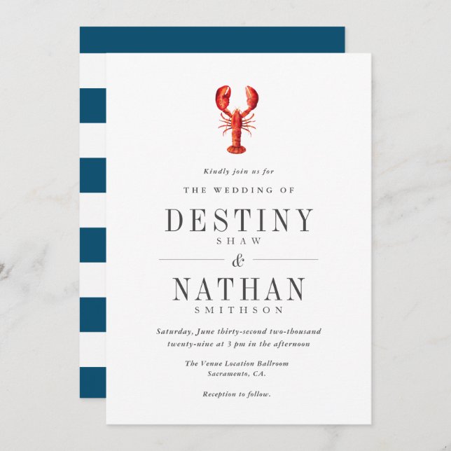 Red Tide | Lobster Themed Wedding Navy | White Invitation (Front/Back)