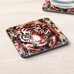 Red Tiger Beverage Coaster Colourful Tiger Face
