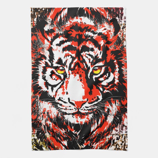 Red Tiger Head Towel - Tiger Kitchen Towel (Vertical)