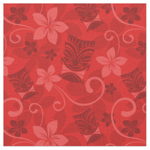 Red Tiki Masks Hawaiian Fabric