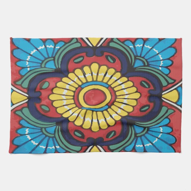 Red tile mexican talavera ceramics tea towel (Horizontal)