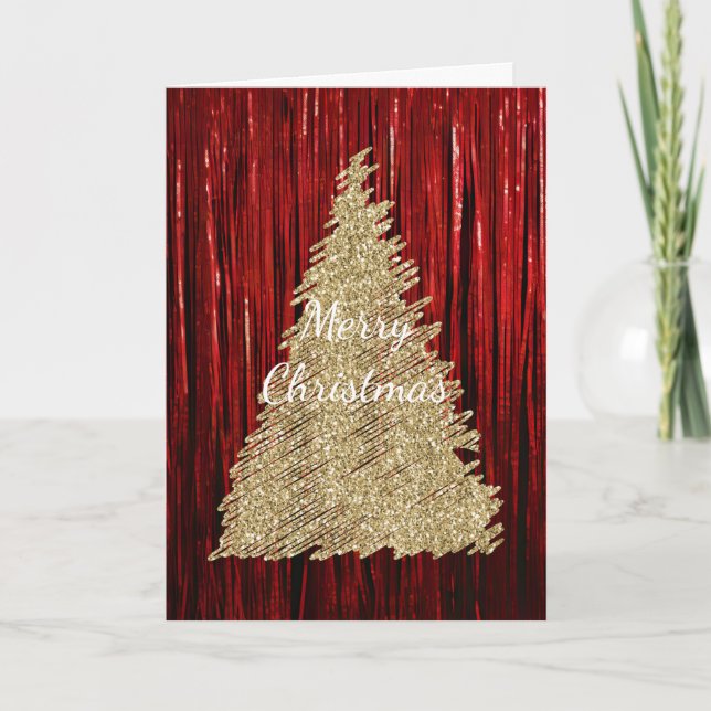 Red Tinsel Gold Glitter Christmas Tree Card (Front)