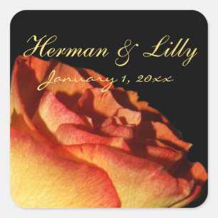 Red Tipped Yellow Rose Personalised Wedding Square Sticker