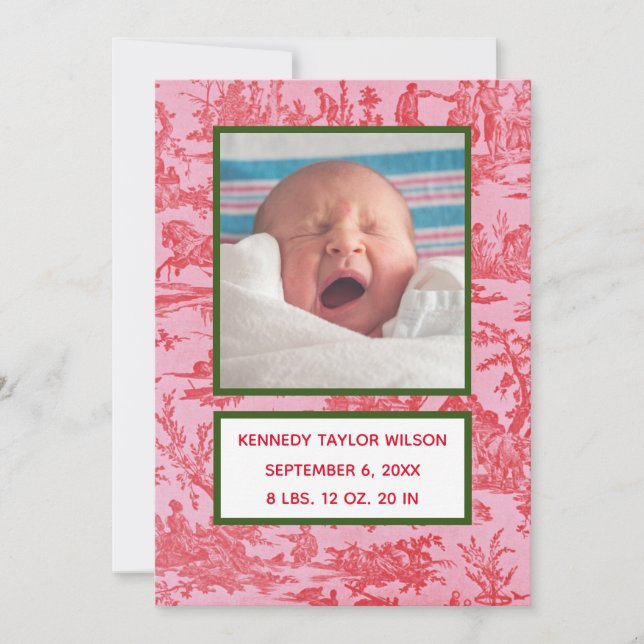 Red Toile Birth Announcement Card (Front)