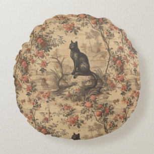 Red Toile Chinoiserie Cat Damask Round Cushion