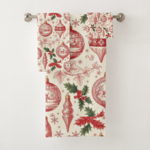 Red Toile Chinoiserie Christmas Ornaments Bath Towel Set
