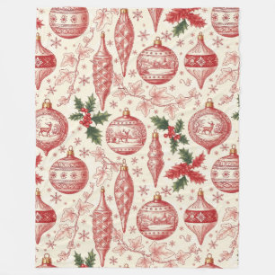 Red Toile Chinoiserie Christmas Ornaments Fleece Blanket