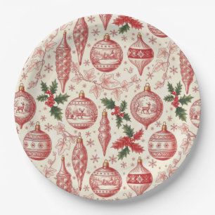 Red Toile Chinoiserie Christmas Ornaments Paper Plate