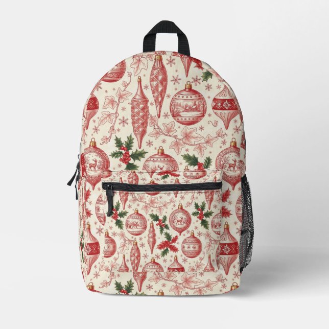 Red Toile Chinoiserie Christmas Ornaments Printed Backpack (Front)