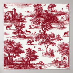 Red Toile Countryside Scene (6) Poster