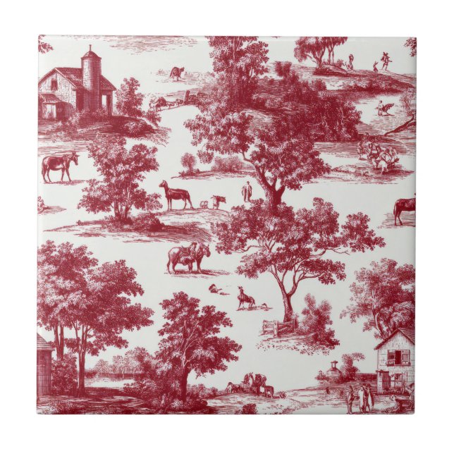 Red Toile Countryside Scene (6) Tile (Front)