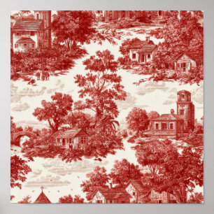 Red Toile Countryside Scene (8) Poster