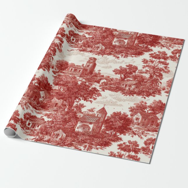 Red Toile Countryside Scene (8) Wrapping Paper (Unrolled)